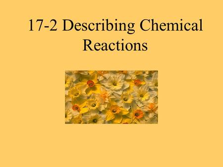 17-2 Describing Chemical Reactions. Symbol Represents one kind of an element Ex: C = carbon Ex: Na = sodium.