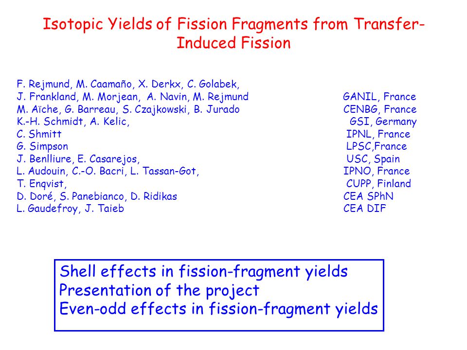 Isotopic Yields Of Fission Fragments From Transfer Induced Fission F Rejmund M Caama N O X Derkx C Golabek J Frankland M Morjean A Navin Ppt Download