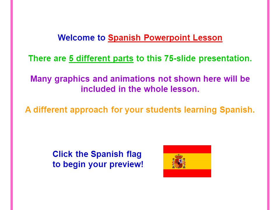 Welcome to Spanish Powerpoint Lesson There are 5 different parts to this  75-slide presentation. Many graphics and animations not shown here will be  included. - ppt download