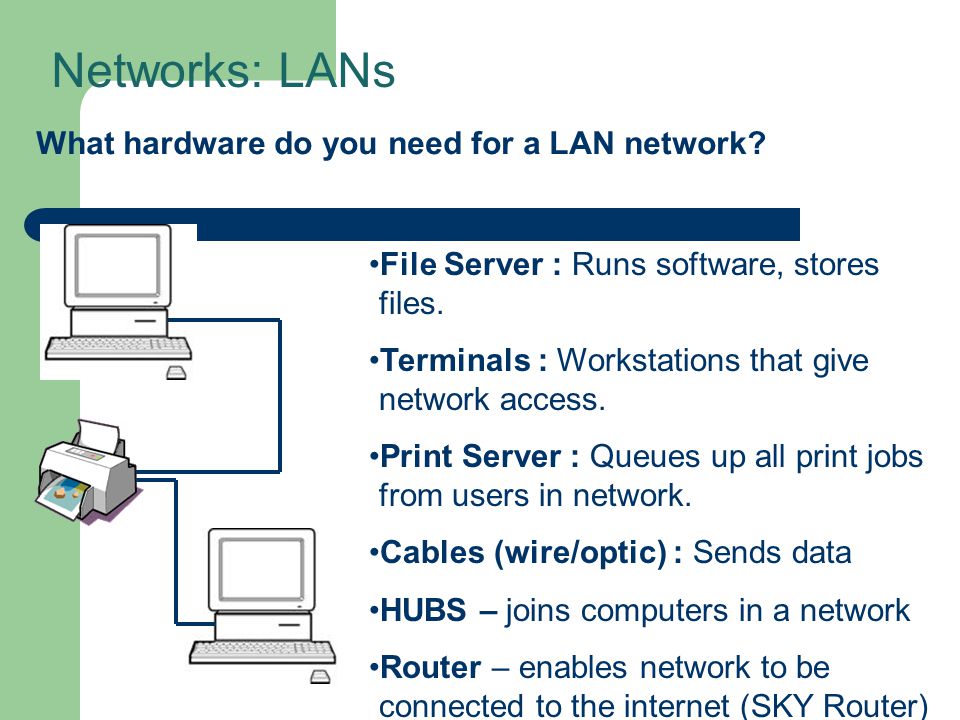 Networks: LANs File Server : Runs software, stores files. Terminals :  Workstations that give network access. Print Server : Queues up all print  jobs from. - ppt download