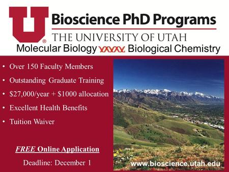 Over 150 Faculty Members Outstanding Graduate Training $27,000/year + $1000 allocation Excellent Health Benefits Tuition Waiver FREE Online Application.