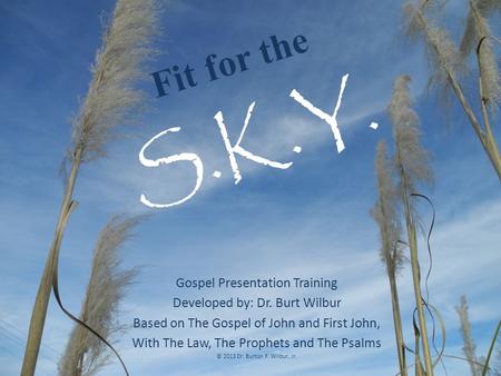 Fit for the S.K.Y. Gospel Presentation Training Developed by: Dr. Burt Wilbur Based on The Gospel of John and First John, With The Law, The Prophets and.
