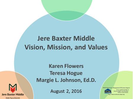 Jere Baxter Middle Vision, Mission, and Values Karen Flowers Teresa Hogue Margie L. Johnson, Ed.D. August 2, 2016.