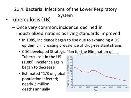 21.4. Bacterial Infections of the Lower Respiratory System Tuberculosis (TB) – Once very common; incidence declined in industrialized nations as living.