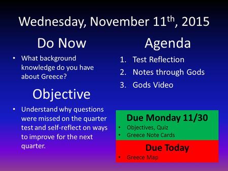 Wednesday, November 11 th, 2015 Do Now What background knowledge do you have about Greece? Objective Understand why questions were missed on the quarter.
