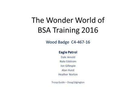 The Wonder World of BSA Training 2016 Wood Badge C Eagle Patrol Dale Arnold Nate Edstrom Jon Gillespie Alan Hurst Heather Norton Troop Guide –