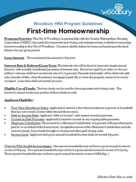 First-time Homeownership Woodbury HRA Program Guidelines Program Overview: The City of Woodbury, in partnership with the Greater Metropolitan Housing Corporation.