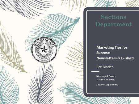 Sections Department Marketing Tips for Success: Newsletters & E-Blasts Bre Binder Meetings & Events State Bar of Texas Sections Department.