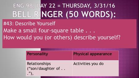 #43: Describe Yourself Make a small four-square table... How would you (or others) describe yourself? PersonalityPhysical appearance Relationships (“son/daughter.