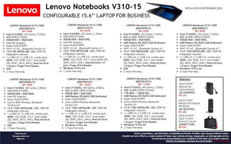 Lenovo Notebooks V CONFIGURABLE 15.6’’ LAPTOP FOR BUSINESS LENOVO Notebook V310-15ISK (80SY0102CY) RP: 829€  Intel i5-6200U, (3M Cache, 2.3GHz)