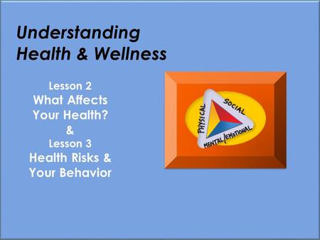 Understanding Health & Wellness Lesson 2 What Affects Your Health? & Lesson 3 Health Risks & Your Behavior.