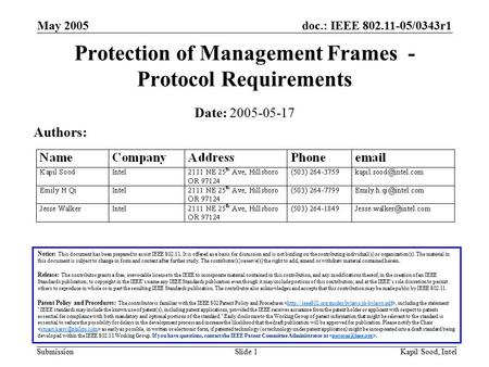 Doc.: IEEE /0343r1 Submission May 2005 Kapil Sood, IntelSlide 1 Protection of Management Frames - Protocol Requirements Notice: This document.