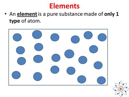 Elements An element is a pure substance made of only 1 type of atom.