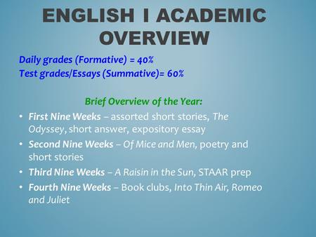 ENGLISH I ACADEMIC OVERVIEW Daily grades (Formative) = 40% Test grades/Essays (Summative)= 60% Brief Overview of the Year: First Nine Weeks – assorted.