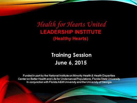 LEADERSHIP INSTITUTE Training Session June 6, 2015 Funded in part by the National Institute on Minority Health & Health Disparities Center on Better Health.
