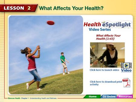 What Affects Your Health (1:43) Click here to launch video Click here to download print activity.