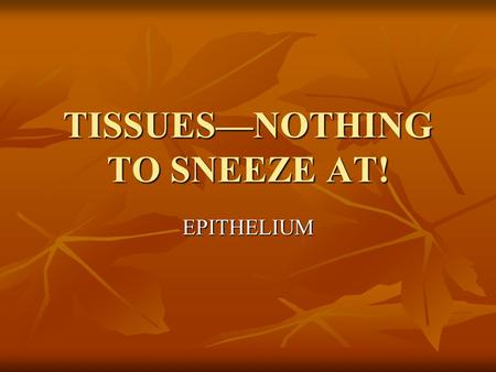 TISSUES—NOTHING TO SNEEZE AT! EPITHELIUM. TISSUE Group of cells with a specialized structural and functional role Group of cells with a specialized structural.