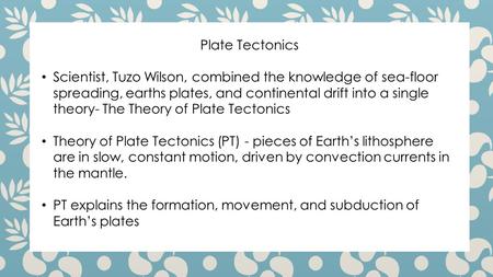 Plate Tectonics Scientist, Tuzo Wilson, combined the knowledge of sea-floor spreading, earths plates, and continental drift into a single theory- The Theory.