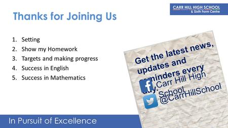 Thanks for Joining Us 1.Setting 2.Show my Homework 3.Targets and making progress 4.Success in English 5.Success in Mathematics Get the latest news, updates.