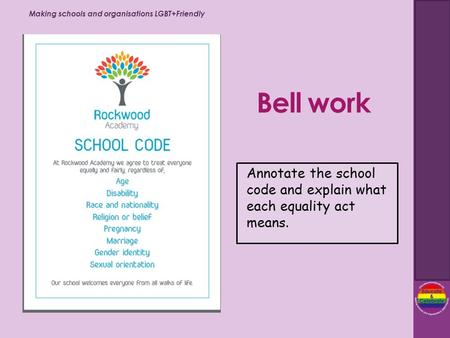 Making schools and organisations LGBT+Friendly Educate & Celebrate Training & Resources Bell work Annotate the school code and explain what each equality.