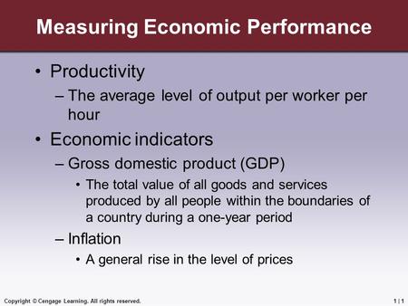 Copyright © Cengage Learning. All rights reserved.1 | 1 Measuring Economic Performance Productivity –The average level of output per worker per hour Economic.