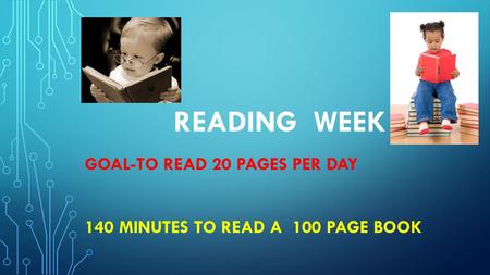 READING WEEK GOAL-TO READ 20 PAGES PER DAY 140 MINUTES TO READ A 100 PAGE BOOK.