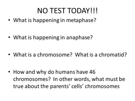 NO TEST TODAY!!! What is happening in metaphase? What is happening in anaphase? What is a chromosome? What is a chromatid? How and why do humans have 46.