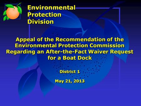 Appeal of the Recommendation of the Environmental Protection Commission Regarding an After-the-Fact Waiver Request for a Boat Dock District 1 May 21, 2013.