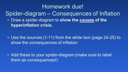 Homework due! Spider-diagram – Consequences of Inflation Draw a spider-diagram to show the causes of the hyperinflation crisis. Use the sources (1-11)