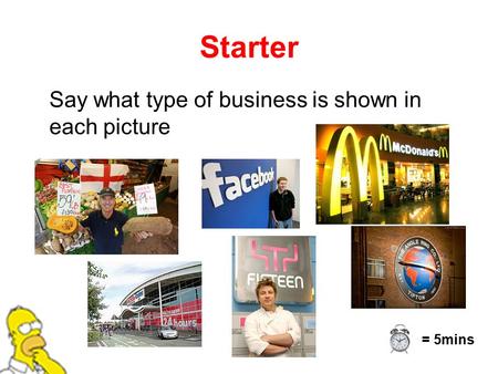 Starter Say what type of business is shown in each picture = 5mins.