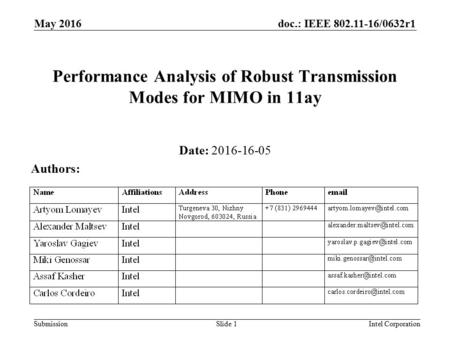 Doc.: IEEE /0632r1 Submission May 2016 Intel CorporationSlide 1 Performance Analysis of Robust Transmission Modes for MIMO in 11ay Date: