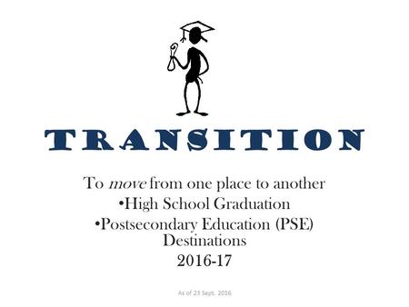 TRANSITION To move from one place to another High School Graduation Postsecondary Education (PSE) Destinations As of 23 Sept