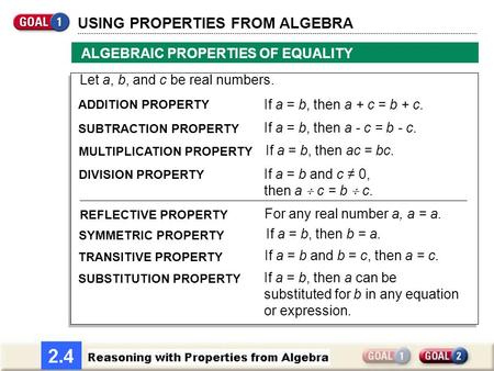 USING PROPERTIES FROM ALGEBRA ALGEBRAIC PROPERTIES OF EQUALITY Let a, b, and c be real numbers. SUBTRACTION PROPERTY ADDITION PROPERTY If a = b, then a.