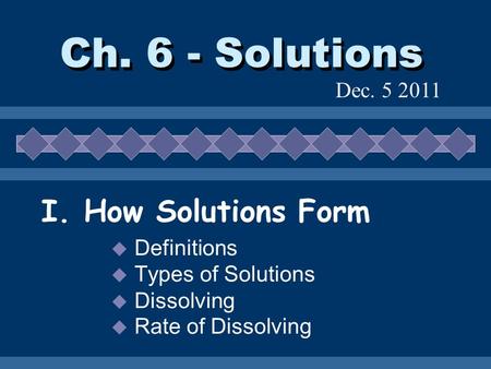 Ch. 6 - Solutions I. How Solutions Form  Definitions  Types of Solutions  Dissolving  Rate of Dissolving Dec