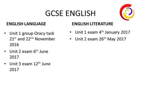 GCSE ENGLISH ENGLISH LANGUAGE Unit 1 group Oracy task 21 st and 22 nd November 2016 Unit 2 exam 6 th June 2017 Unit 3 exam 12 th June 2017 ENGLISH LITERATURE.