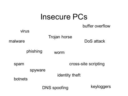 Insecure PCs virus malware phishing spam spyware botnets DNS spoofing identity theft Trojan horse buffer overflow DoS attack worm keyloggers cross-site.