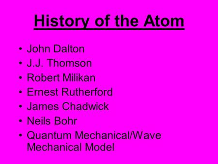 History of the Atom John Dalton J.J. Thomson Robert Milikan Ernest Rutherford James Chadwick Neils Bohr Quantum Mechanical/Wave Mechanical Model.
