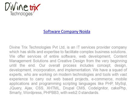 Software Company Noida Divine Trix Technologies Pvt Ltd, is an IT services provider company which has skills and expertise to facilitate complex business.
