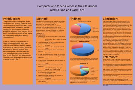 Computer and Video Games in the Classroom Alex Edlund and Zack Ford Introduction: Using computer and video games in the classroom is said as being beneficial.