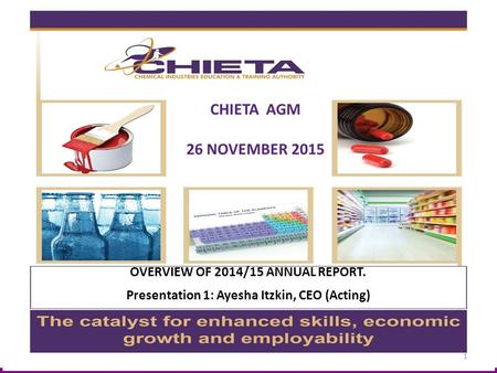 OVERVIEW OF 2014/15 ANNUAL REPORT. Presentation 1: Ayesha Itzkin, CEO (Acting) CHIETA AGM 26 NOVEMBER