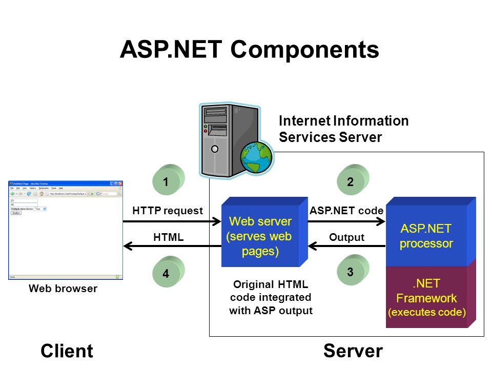 Web server (serves web pages).NET Framework (executes code) ASP.NET  processor Internet Information Services Server HTTP requestASP.NET code  OutputHTML. - ppt download
