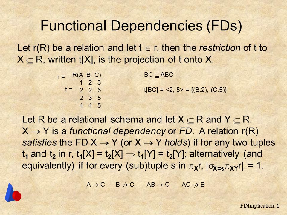 Fdimplication 1 Functional Dependencies Fds Let R R Be A Relation And Let T R Then The Restriction Of T To X R Written T X Is The Projection Ppt Download