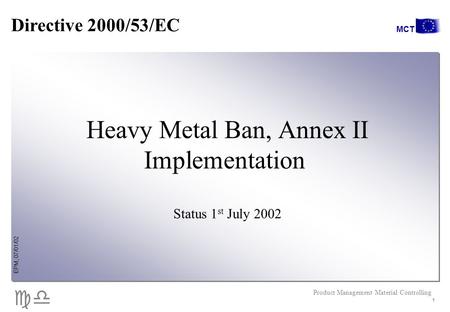 Cd EPM, 07/01/02 Product Management Material Controlling MCT 1 Heavy Metal Ban, Annex II Implementation Status 1 st July 2002 Directive 2000/53/EC.