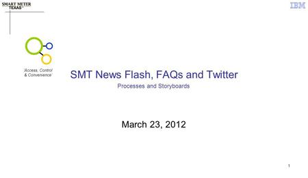 1 SMT News Flash, FAQs and Twitter March 23, 2012 Processes and Storyboards Access, Control & Convenience.