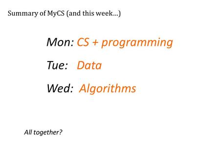 Mon: CS + programming Tue: Data Wed: Algorithms