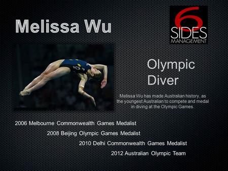 Olympic Diver Melissa Wu has made Australian history, as the youngest Australian to compete and medal in diving at the Olympic Games. 2006 Melbourne Commonwealth.