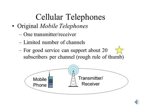 Cellular Telephones Original Mobile Telephones –One transmitter/receiver –Limited number of channels –For good service can support about 20 subscribers.