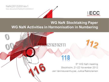 WG NaN Stocktaking Paper WG NaN Activities in Harmonisation in Numbering 5 th WG NaN meeting Stockholm, 21-22 November 2012 Jan Vannieuwenhuyse, Jukka.