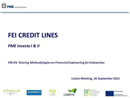 1 FEI CREDIT LINES PME Investe I & II FIN-EN -Sharing Methodologies on Financial Engineering for Enterprises Lisbon Meeting, 26 September 2013.
