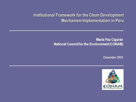 María Paz Cigarán National Council for the Environment (CONAM) December 2003 Institutional Framework for the Clean Development Mechanism Implementation.